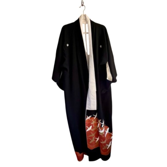 Vintage Japanese Kimono – Black Silk w/ Cranes & Family Crests - Picture 1 of 7